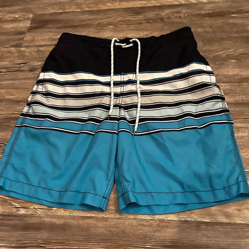 Blue and Black Striped Men's Swim Shorts, M